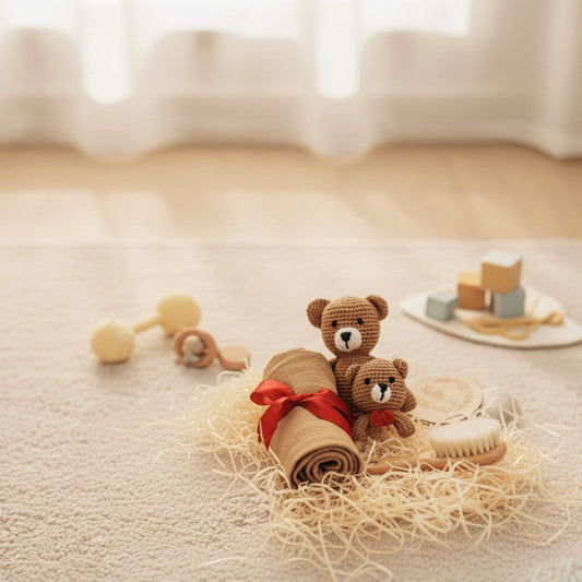 amigurumi teddy bear and blanket baby gift box on a nursery floor