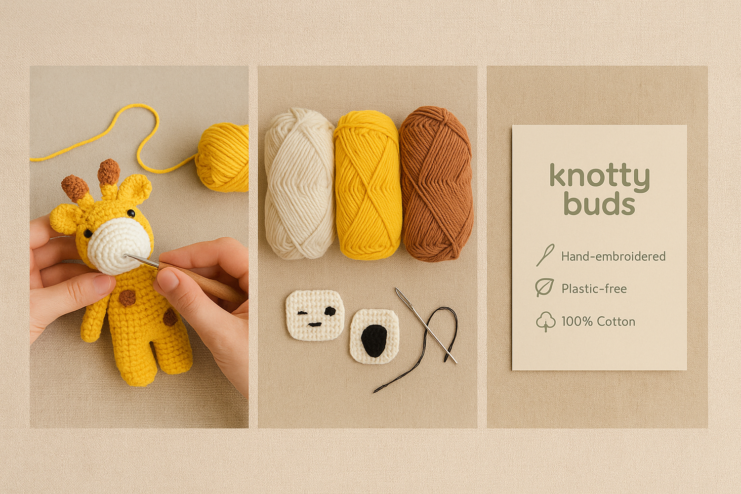 Knitted amigurumi giraffe with yarn and tools on a beige background, featuring the brand 'knotty buds'.