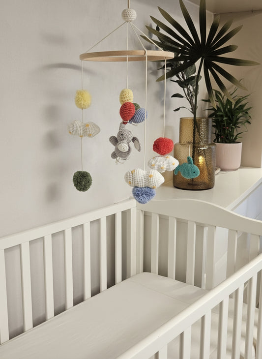 Eco-Friendly Crib Mobile – Crochet Elephant, Clouds & Pom-Poms