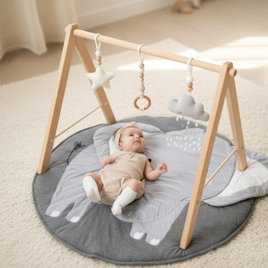 Baby lying on a grey elephant play mat with a wooden baby gym in the background