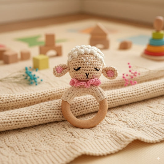 Crocheted sheep rattle toy on a textured surface with toys in the background